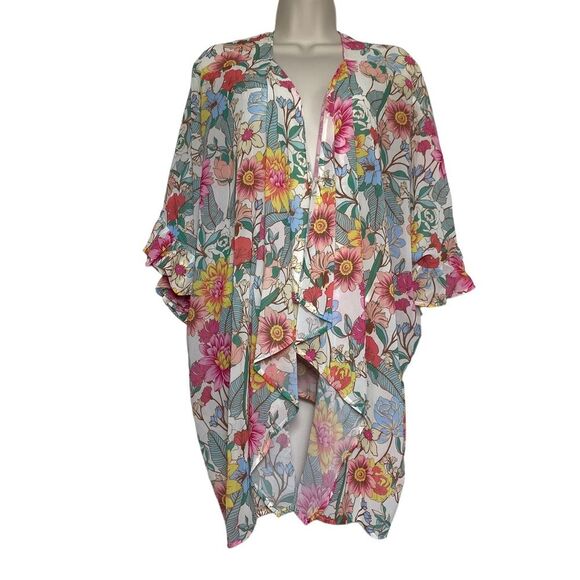 Umgee Floral Ruffle Sleeve Open Front Kimono Cardi Cover Up Top Sz S - Picture 3 of 10